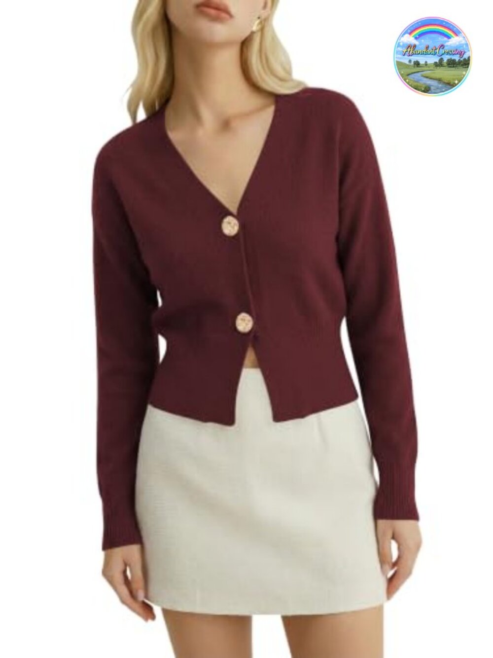 Womens Cropped V Neck Cardigan Gold Button Knit Sweater
